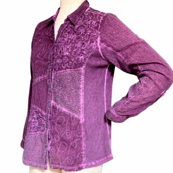 Greater Good Cotton Mixed Media Button Down Shirt Sz S Purple BOHO Indie 96C - Picture 3 of 9